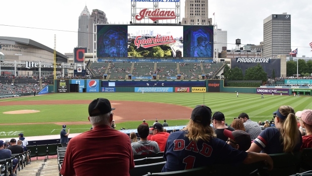 The Cleveland Indians show a video to fans announcing their name change to the Cleveland Guardians prior to the game against the Tampa Bay Rays at Progressive Field on July 23, 2021 in Cleveland, Ohio.