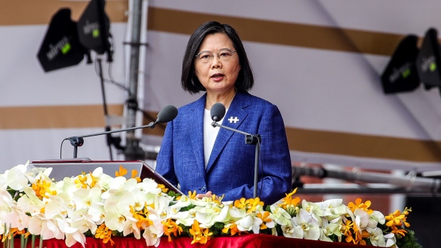 Tsai Ing-wen, Taiwan's president, speaks during the National Day celebration in Taipei, Taiwan, on Sunday, Oct. 10, 2021. Taiwan President Tsai Ing-Wen said the island is facing “unprecedented challenges” and will defend its sovereignty, pushing back after Chinese leader Xi Jinping declared a day earlier that unification will be achieved.