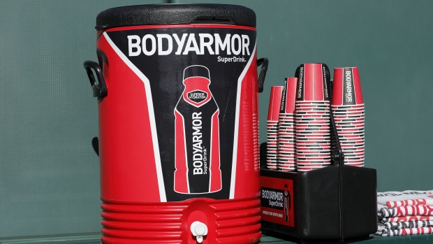 TEMPE, AZ - MARCH 06: A Bodyarmor SuperDrink cooler and cups are seen in the dugout before a spring training game between the Los Angeles Angels of Anaheim and the Chicago Cubs at Tempe Diablo Stadium on March 06, 2017 in Tempe, Arizona. (Photo by Tim Warner/Getty Images)"n"n