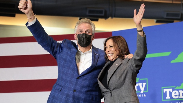 NORFOLK, VIRGINIA - OCTOBER 29: U.S. Vice President Kamala Harris campaigns with Democratic gubernatorial candidate, former Virginia Gov. Terry McAuliffe during a campaign event featuring singer Pharrell Williams October 29, 2021 in Norfolk, Virginia. The Virginia gubernatorial election, pitting McAuliffe against Republican candidate Glenn Youngkin, is November 2. (Photo by Win McNamee/Getty Images)