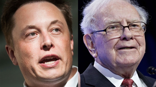 Elon Musk and Warren Buffett Photographer: David Calvert; Andrew Harrer/Bloomberg