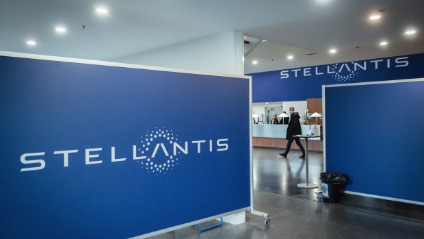 A Stellantis NV logo in the automaker's technical center in Velizy-Villacoublay near Paris, France, on Tuesday, Jan. 19, 2021. Stellantis, the carmaker formed from the merger of Fiat Chrysler Automobiles NV and PSA Group, appointed a veteran executive from the billionaire Agnelli family empire as chief financial officer. Photographer: Cyril Marcilhacy/Bloomberg