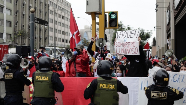 Demonstrators against Peru's President Pedro Castillo gather outside the Legislative Palace in Lima, on Oct. 25.