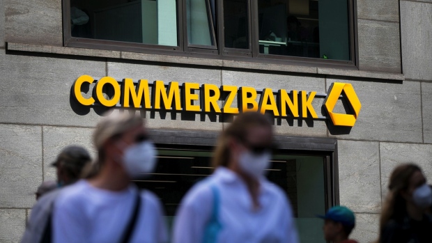 A Commerzbank AG bank branch in Berlin, Germany, on Wednesday, Aug. 4, 2021. Commerzbank saw earnings hit by a series of one-time expenses in the second quarter, highlighting the challenges for Chief Executive Officer Manfred Knof as he seeks to grow the lender amid deep cost cuts.