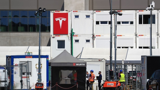 The construction site office at the Tesla Inc. Gigafactory site in Gruenheide, Germany, on Thursday, Aug. 12, 2021. Tesla's Elon Musk has touched down in Berlin before the electric-car maker hosts one of the front-runners to succeed Angela Merkel as chancellor.