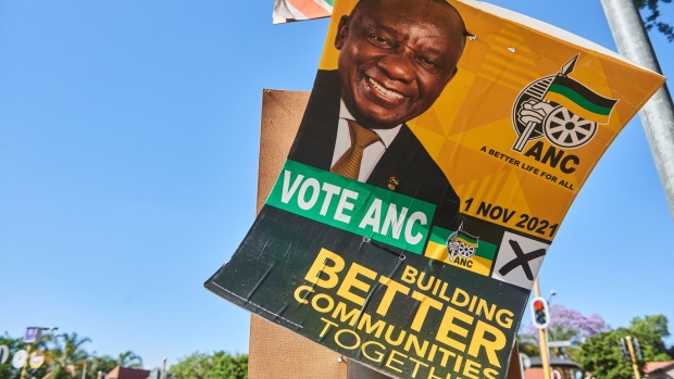 An African National Congress party (ANC) local election campaign poster featuring Cyril Ramaphosa, South Africa's president, in Pretoria, South Africa, on Wednesday, Nov. 3, 2021. South Africa's gasoline prices rose to a record on Wednesday, adding to inflationary pressures in an economy that imports almost all of its fuel.