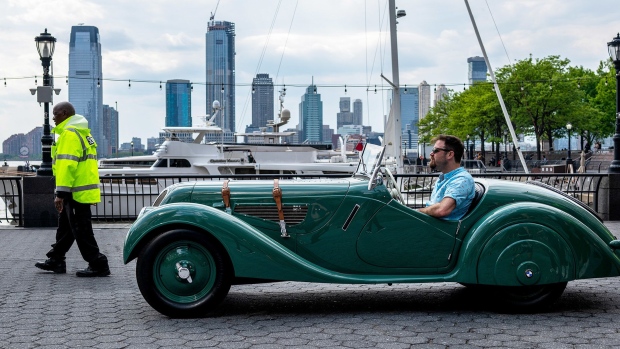 A green 1937 BMW 328 Roadster on display in 2019 during the Manhattan Concours d'Elegance classic car show in New York. The car preceded World War II.  Photographer: Demetrius Freeman/Bloomberg