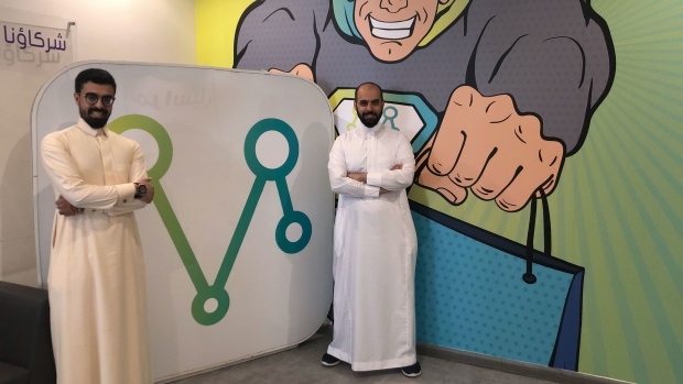 Naif AlSamri, left, and Ayman Alsanad, co-founders of delivery app Mrsool, pose in this photo taken at their office in Riyadh, Saudi Arabia, on March 14, 2019.
