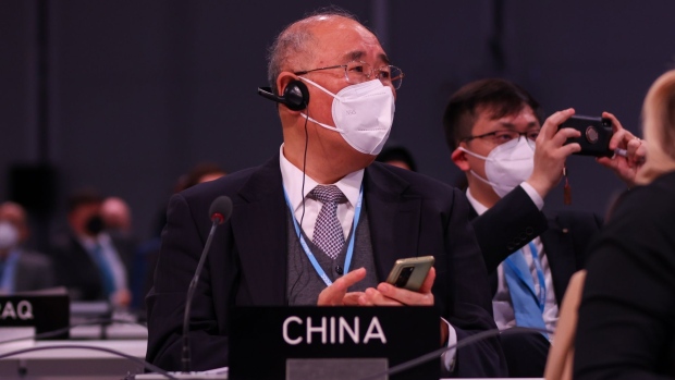 Xie Zhenhua, China’s special envoy for climate change, during the COP26 climate talks in Glasgow, U.K., on Monday, Nov. 1, 2021. Climate negotiators at the COP26 summit were banking on the world’s most powerful leaders to give them a boost before they embark on two weeks of fraught discussions over who should do what to slow the rise in global temperatures.