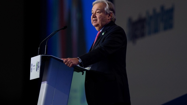 Antonio Guterres, secretary general of the United Nations, delivers a speech during the COP26 climate talks in Glasgow, U.K., on Monday, Nov. 1, 2021. Climate negotiators at the COP26 summit were banking on the world’s most powerful leaders to give them a boost before they embark on two weeks of fraught discussions over who should do what to slow the rise in global temperatures.