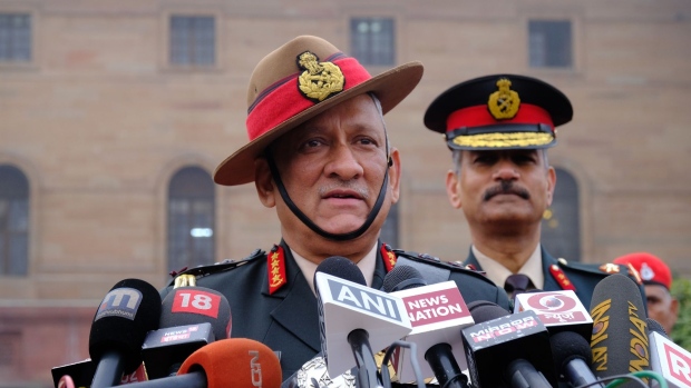 General Bipin Rawat, India's chief of defence staff, speaks to members of the media at South Block of the Central Secretariat building in New Delhi, India, on Tuesday, Dec. 31, 2019. Prime Minister Narendra Modi's administration named India’s army head Rawat as Chief of Defence Staff, a newly created post that will serve as the main military adviser to the government.