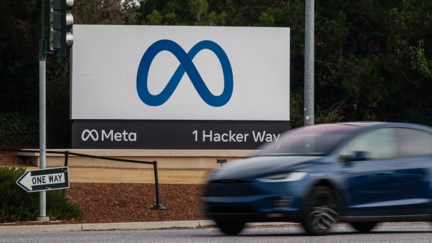 Meta Platforms signage outside the company's headquarters in Menlo Park, California, U.S., on Friday, Oct. 29, 2021. Facebook Inc. is re-christening itself Meta Platforms Inc., decoupling its corporate identity from the eponymous social network mired in toxic content, and highlighting a shift to an emerging computing platform focused on virtual reality. Photographer: Nick Otto/Bloomberg