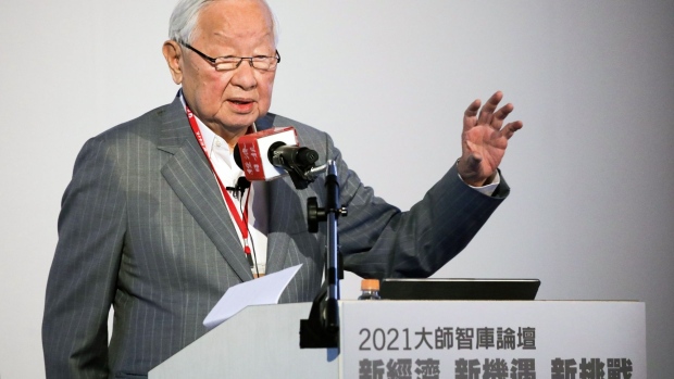 Morris Chang, founder of Taiwan Semiconductor Manufacturing Company Ltd. (TSMC), speaks at a forum hosted by the United Daily News (UDN) Group in Taipei, Taiwan, on Wednesday, April 21, 2021. The U.S. chip industry has a higher unit cost than Taiwan's, and government subsidies cannot make up for long-term competitive disadvantage, Chang said.