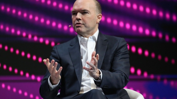 Nick Read, chief executive officer of Vodafone Group Plc, gestures as he speaks during a keynote session on the opening day of the MWC Barcelona in Barcelona, Spain, on Monday, Feb. 25, 2019. At the wireless industry’s biggest conference, over 100,000 people are set to see the latest innovations in smartphones, artificial intelligence devices and autonomous drones exhibited by more than 2,400 companies.