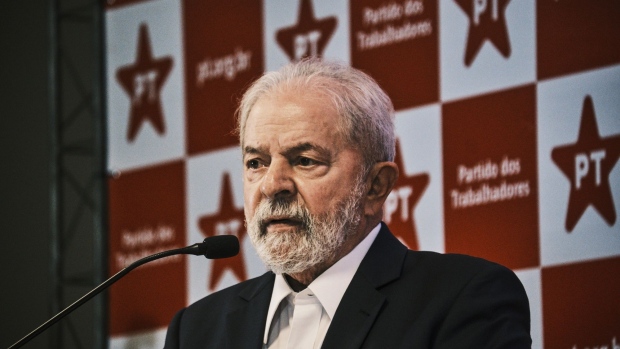 Luiz Inacio Lula da Silva, Brazil's former president, during a news conference in Brasilia, Brazil, on Friday, Oct. 8, 2021. Lula said that he is not yet discussing political composition for the 2022 elections and that he has not yet decided on names to become vice president or Economy Minister.