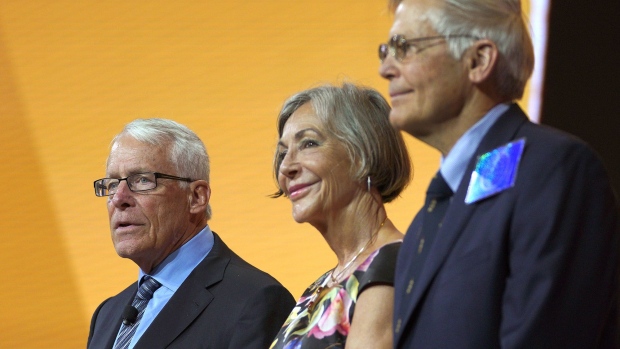 Members of the Walton family (L-R) Rob, Alice and Jim speak during the annual Walmart shareholders meeting event on June 1, 2018 in Fayetteville, Arkansas. 