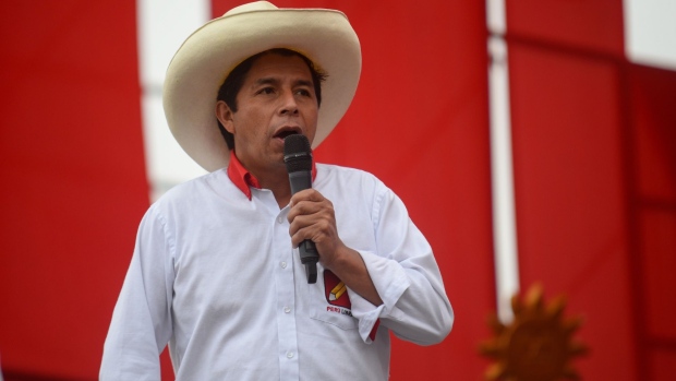 Pedro Castillo, presidential candidate for the Peru Libre party, speaks during a campaign rally in Lima, Peru, on Thursday, May 27, 2021. Peru's sovereign bonds dropped after the candidate feared by investors, Pedro Castillo, extended his lead over Keiko Fujimori ahead of the country's presidential runoff on June 6.