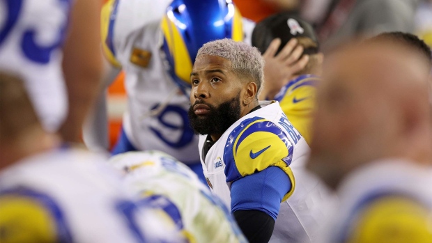 SANTA CLARA, CALIFORNIA - NOVEMBER 15: Odell Beckham Jr. #3 of the Los Angeles Rams sits on the bench during their game against the San Francisco 49ers at Levi's Stadium on November 15, 2021 in Santa Clara, California. (Photo by Ezra Shaw/Getty Images)