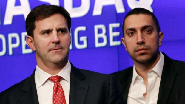 Greg Blatt and Sean Rad at the Nasdaq MarketSite in New York in 2015.