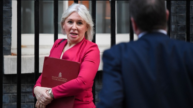 Nadine Dorries, U.K. culture secretary, arrives for a weekly meeting of cabinet minsters at number 10 Downing Street in London, U.K., on Tuesday, Nov. 16, 2021. U.K. Prime Minister Boris Johnson’s latest effort to draw a line under an escalating lobbying and sleaze row engulfing his government was thwarted at the last minute in the U.K. Parliament.