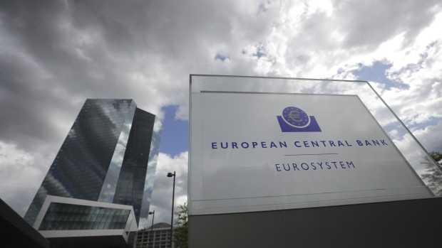 A Eurosystem monetary authority sign stands on display outside the European Central Bank (ECB) headquarters stands in Frankfurt, Germany, on Wednesday, April 29, 2020. The ECB’s response to the coronavirus has calmed markets while setting it on a path that could test its commitment to the mission to keep prices stable.