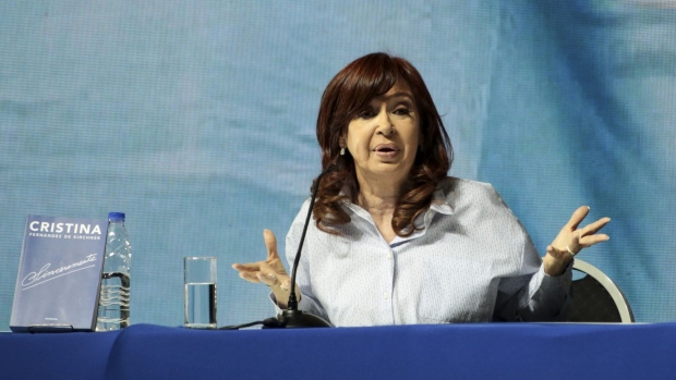 Cristina Fernandez de Kirchner, Argentina's former president and vice presidential candidate, speaks during a book presentation at DirecTV Arena in Tortuguitas, Argentina, on Saturday, Aug. 3, 2019. Polls in Argentina show a very close, polarized race between President Mauricio Macri and Kirchner's running mate, opposition candidate Alberto Fernandez, ahead of the August 11 primary vote.