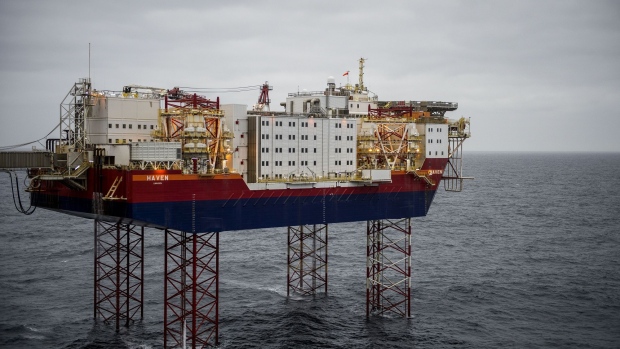 The Haven accommodation jackup rig, owned by Jacktel AS, stands on the Johan Sverdrup oil field off the coast of Norway in the North Sea, on Tuesday, Dec. 3, 2019. Sverdrup's earlier-than-expected start in October broke a long trend of underperformance for Norway's overall oil production. Photographer: Carina Johansen/Bloomberg