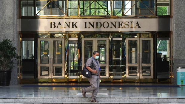 The entrance to the Bank Indonesia headquarters in Jakarta, Indonesia, on Tuesday, Sept. 21, 2021. Indonesia's central bank is expected to keep its policy rate unchanged at a record low to drive a recovery in Southeast Asia's largest economy, as the virus wave subsides and activity gradually resumes.