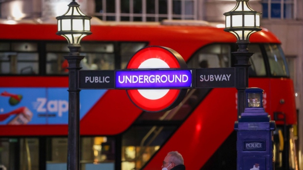 A public underground subway sign at Piccadilly Circus in London, U.K., on Wednesday, Nov. 17, 2021. The U.K. Office for National Statistics are due to release their latest retail figures on Friday.