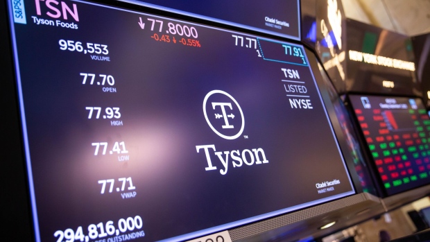 Tyson Foods Inc. signage on the floor of the New York Stock Exchange (NYSE) in New York, U.S., on Tuesday, Sept. 7, 2021. Equities retreated from near-record highs as U.S. trading resumed after the Labor Day holiday.