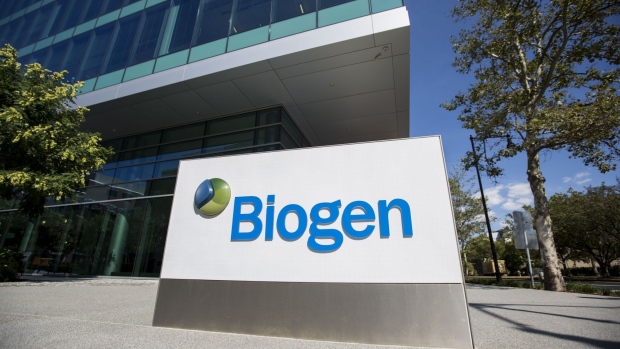 Signage is displayed in front of Biogen Inc. headquarters in Cambridge, Massachusetts, U.S., on Friday, Aug. 5, 2016. Japan's Eisai Co. said that an Alzheimer's drug it is developing with Massachusetts-based Biogen Inc. will enter late-stage trials after getting the green light from the U.S. Food and Drug Administration. Photographer: Bloomberg/Bloomberg