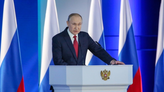 Vladimir Putin, Russia's president, speaks during his annual state of the nation address in Moscow, Russia, on Wednesday, Jan. 15, 2020. The Russian economy has nearly doubled since Putin took power in 2000, according to Bloomberg Economics estimates. Photographer: Andrey Rudakov/Bloomberg