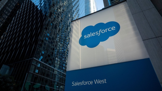 Signage for the Salesforce West office building in San Francisco, California, U.S., on Tuesday, Feb. 23, 2021. Salesforce.com Inc. is expected to release earnings figures on February 25. Photographer: David Paul Morris/Bloomberg