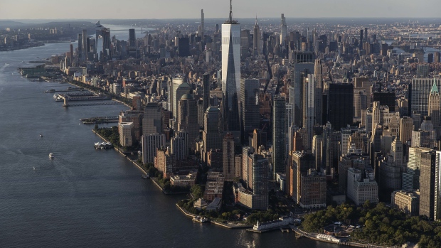 One World Trade, center, in lower Manhattan in New York, U.S., on Thursday June 17, 2021. New York state's pandemic mandates were lifted last week, after 70% of the adult population has now been given at least one dose of a coronavirus vaccine. Photographer: Victor J. Blue/Bloomberg