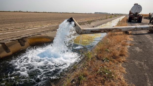 Water is pumped from a well into an irrigation canal on a farm in Yolo County, California, U.S., on Wednesday, Aug. 11, 2021. The drought is so extreme that California regulators earlier this month voted to restrict river diversions for some farmers to protect drinking water supplies.