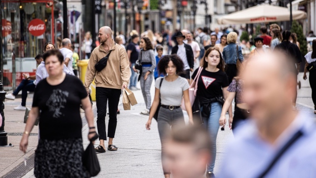 Shoppers on Vaci Street in Budapest, Hungary on Thursday, Aug. 26, 2021. Hungary’s economy shot higher by a record amount in the second quarter as the economy rebounded from its worst-ever three-month contraction during the height of the pandemic.