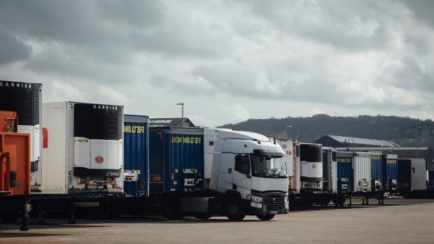 Haulage truck trailers at the Port of Cherbourg in Cherbourg, France, on Wednesday, March 3, 2021. The cost of shipping goods from France to Britain has surged in the past year both because of Brexit and the coronavirus, high-frequency data show. Photographer: Cyril Marcilhacy/Bloomberg