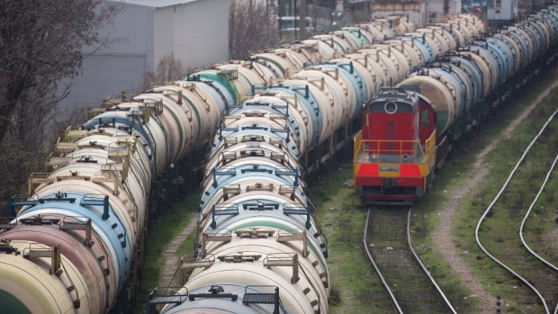 Rail wagons for oil cargo stand in sidings at the RN-Tuapsinsky refinery, operated by Rosneft Oil Co., in Tuapse, Russia.