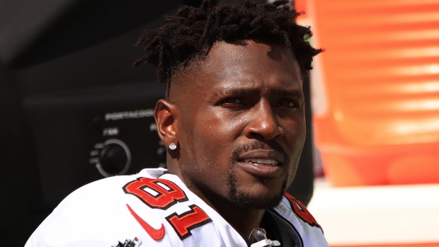 Antonio Brown of the Tampa Bay Buccaneers looks on during the second quarter against the Miami Dolphins at Raymond James Stadium on October 10, 2021 in Tampa, Florida. 