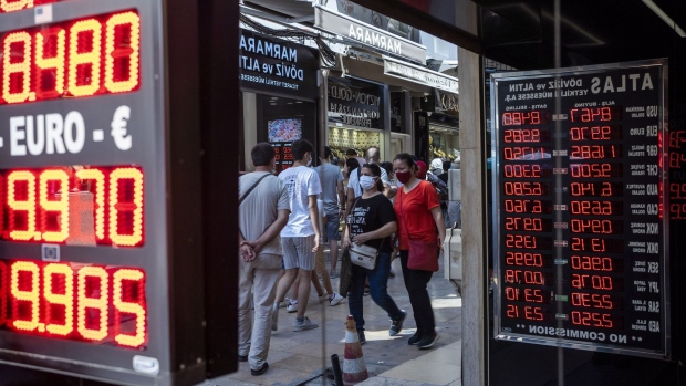 An electronic board displays currency exchange rate information inside the Grand Bazaar in Istanbul, Turkey, on Monday, Aug. 16, 2021. The lira and other Turkish assets gained this week, buoyed by an improved outlook for tourism and the rollout of vaccines. Photographer: Moe Zoyari/Bloomberg