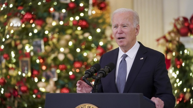 U.S. President Joe Biden speaks on the November jobs report in the State Dining Room of the White House in Washington, D.C., U.S., on Friday, Dec. 3, 2021. U.S. job growth slowed in November, posting the smallest increase this year, underscoring employers' struggle to attract workers to fill millions of vacancies as the pandemic persists.