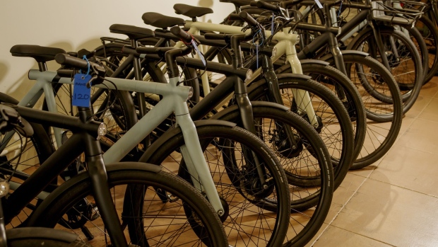 VanMoof e-bikes displayed at the company's store in San Francisco, California, U.S., on Wednesday, Sept. 1, 2021. VanMoof employs about 25 bike hunters in the eight cities around the world where it has retail stores and for a flat fee of $398, the company promises to find or replace a lost bike within three years of its purchase.