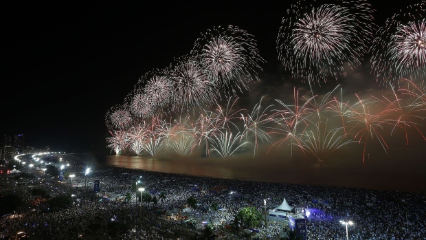 RIO DE JANEIRO, BRAZIL - JANUARY 01: Fireworks are seen on Copacabana beach during New Years Eve Celebration on January first, 2020, in Rio de Janeiro, Brazil. (Photo by Wagner Meier/Getty Images)