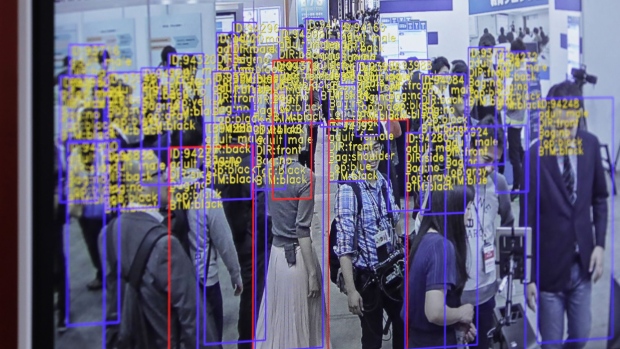 The object detection and tracking technology developed by SenseTime Group Ltd. is displayed on a screen at the Artificial Intelligence Exhibition & Conference in Tokyo, Japan, on Wednesday, April 4, 2018. The AI Expo will run through April 6. Photographer: Kiyoshi Ota/Bloomberg