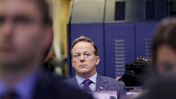 Sean Spicer, former White House press secretary, sits in the briefing room of the White House before a Coronavirus Task Force news conference in Washington, D.C., U.S., on Friday, March 20, 2020. Americans will have to practice social distancing for at least several more weeks to mitigate U.S. cases of Covid-19, Anthony S. Fauci of the National Institutes of Health said today.