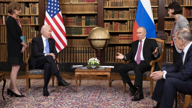 Joe Biden (2L) and Russian President Vladimir Putin meet during the U.S.-Russia summit at Villa La Grange on June 16, 2021 in Geneva, Switzerland. 