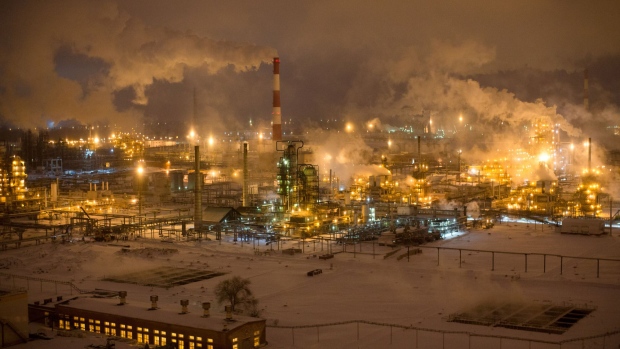 Lights illuminate the Novokuibyshevsk oil refinery plant, operated by Rosneft PJSC, in Novokuibyshevsk, Samara region, Russia.
