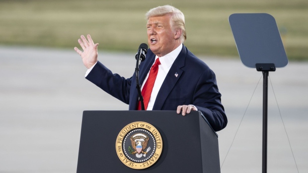 Donald Trump speaks during a campaign rally at Wittman Regional Airport Basler Flight Service Hangar in Oshkosh, Wisconsin, on Aug. 17, 2020. Photographer: Lauren Justice/Bloomberg
