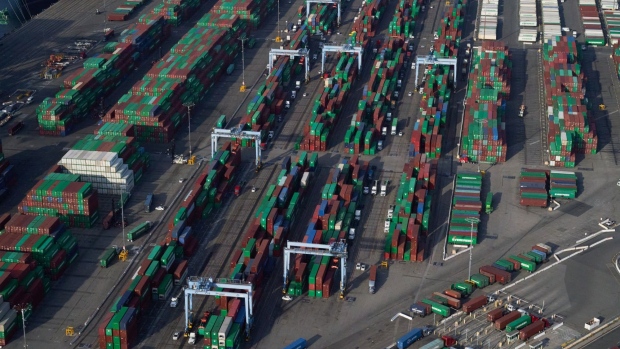 Shipping containers at the Port of Long Beach in Los Angeles, California.