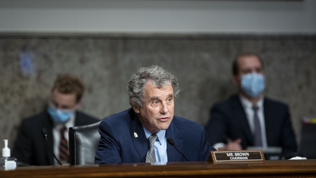 Senator Sherrod Brown, a Democrat from Ohio and chairman of the Senate Banking, Housing, and Urban Affairs Committee, speaks during a hearing in Washington, D.C., U.S., on Tuesday, Nov. 30, 2021. The Federal Reserve chair, in his first public remarks on the omicron variant of the coronavirus, said it poses risks to both sides of the central bank's mandate to achieve stable prices and maximum employment.